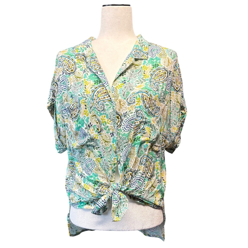 Dear John Vivid Paisley Short Sleeve‎ Button Down Shirt Green Blue Women's S NWT